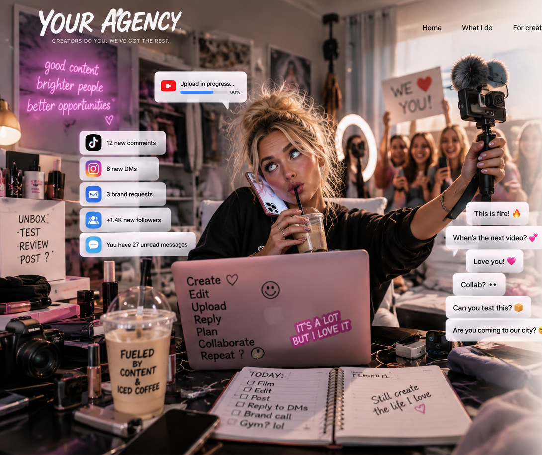 Busy creator handling filming, uploads, audience messages and brand requests at once